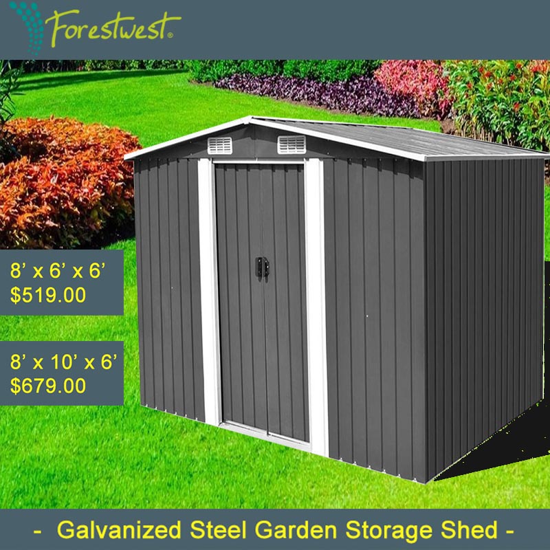 FORESTWEST 669, 8‘ x 6’ Galvanized Steel Outdoor Garden Storage Tool Shed - Forestwest